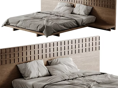 Modern Double Bed With Wooden Lattice Headboard Grey Bedspread And White Pillows 3d model