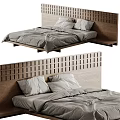 Modern Double Bed With Wooden Lattice Headboard Grey Bedspread And White Pillows