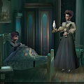 Young Girl Resting On Vintage Bed In Green Room With Woman Holding Tray And Lamp