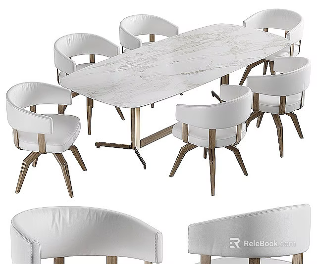 Modern Dining Table Set With Marble Tabletop And White Upholstered Chairs 3d model