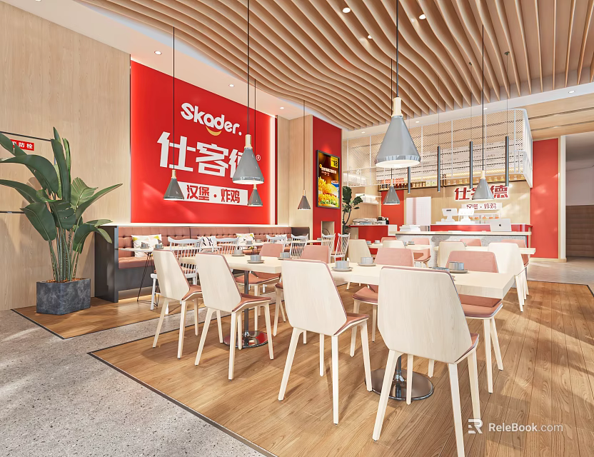 Skoder Restaurant Open Layout Interior With Dining Tables Wooden Floors Hanging Lights And Green Plants 3d model 