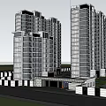 Modern Residential Entrance Gate with High Rise Buildings Greenery and Driveway Lighting
