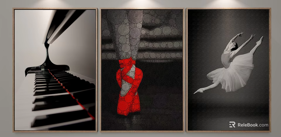 Abstract Red Figure and Ballet Dancer Artworks in Three Panel Paintings 3d model 