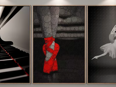 Abstract Red Figure and Ballet Dancer Artworks in Three Panel Paintings 3d model