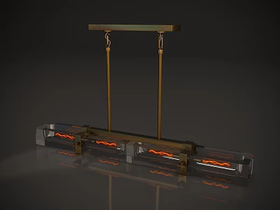 Modern Linear Chandelier With Brass Frame Transparent Glass Tubes And Orange Glowing Details 3d model