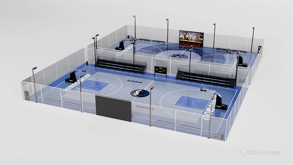 Indoor Basketball Gym With Multiple Courts Bleachers Large Screen And Fencing 3d model 