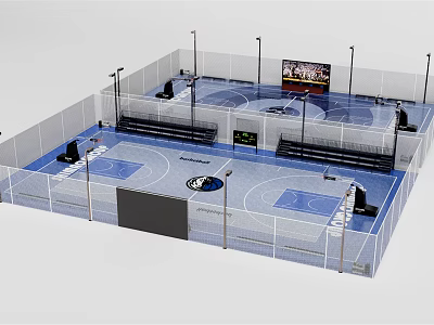 Indoor Basketball Gym With Multiple Courts Bleachers Large Screen And Fencing 3d model