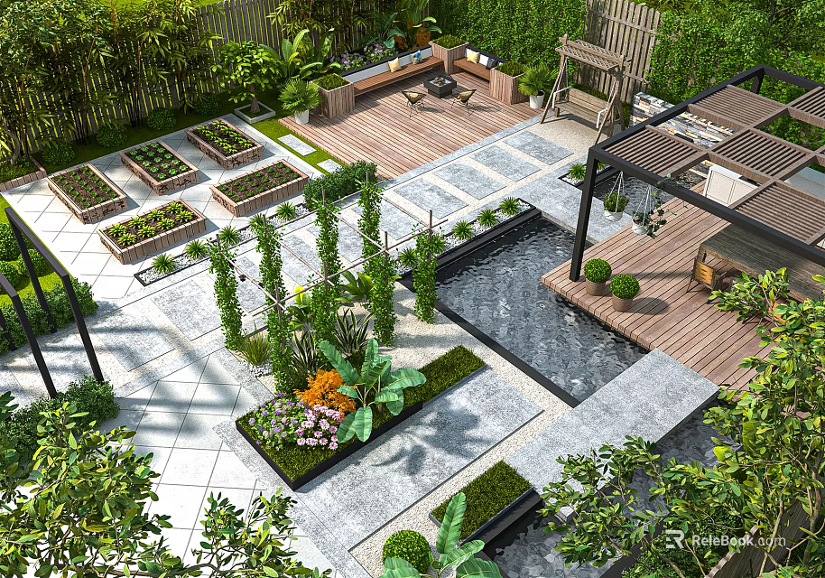 Lush Garden Courtyard With Wooden Deck Stone Patio Planter Beds Outdoor Seating And Water Feature 3d model 