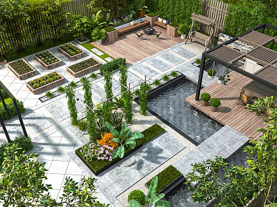 Lush Garden Courtyard With Wooden Deck Stone Patio Planter Beds Outdoor Seating And Water Feature 3d model