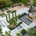 Lush Garden Courtyard With Wooden Deck Stone Patio Planter Beds Outdoor Seating And Water Feature
