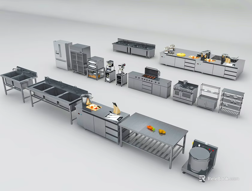 Stainless Steel Commercial Kitchen Equipment With Workstations Cabinets And Cooking Appliances 3d model 