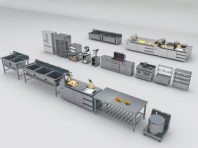 Stainless Steel Commercial Kitchen Equipment With Workstations Cabinets And Cooking Appliances 3d model