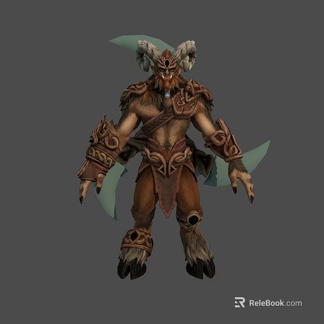 Horned Humanoid Mythical Creature Warrior With Ornate Armor Brown Leather And Green Accents 3d model 