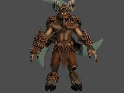 Horned Humanoid Mythical Creature Warrior With Ornate Armor Brown Leather And Green Accents 3d model