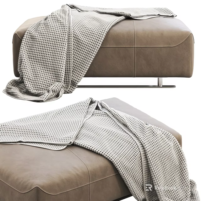Brown Leather Ottoman With Gray Checkered Blanket Draped Over Top Surface 3d model 