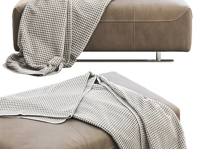 Brown Leather Ottoman With Gray Checkered Blanket Draped Over Top Surface 3d model