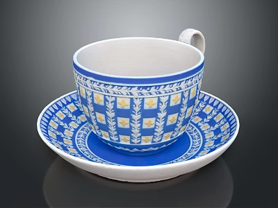 Ceramic Blue And White Patterned Cup With Matching Saucer And Floral Motifs 3d model