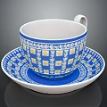 Ceramic Blue And White Patterned Cup With Matching Saucer And Floral Motifs