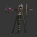 Woman In Mystical Outfit With Purple Cape Golden Accents And Magic Staff Holding Pink Orb