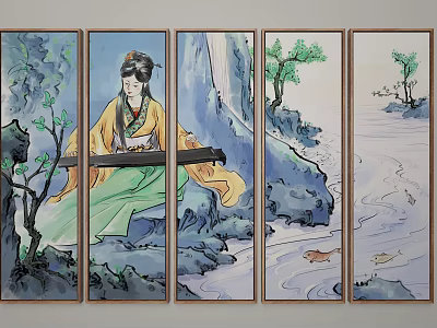Chinese Painting Screen With Traditional Lady Playing Zither And Landscape Scenery 3d model