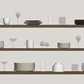 Dinnerware Set Displayed on Wooden Shelves with Mugs Plates Bowls Wine Glasses and Glassware