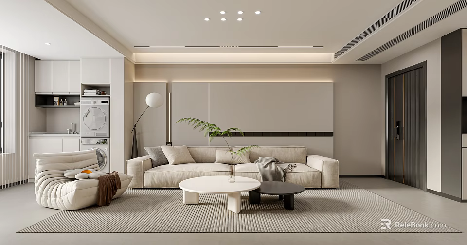 Modern Living Dining Room Interior With Sofa Coffee Table Rug Lighting And Green Plant 3d model 