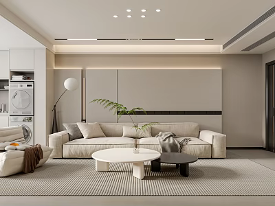 Modern Living Dining Room Interior With Sofa Coffee Table Rug Lighting And Green Plant 3d model