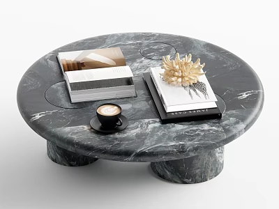 Round Black Marble Coffee Table With Stacked Books Gold Decorative Ornament And Coffee Cup 3d model