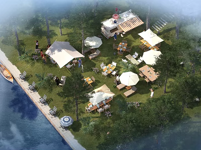 Aerial View Planning of Riverside Outdoor Recreational Space With Trees Grass Umbrellas Tables and Waterfront 3d model