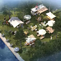 Aerial View Planning of Riverside Outdoor Recreational Space With Trees Grass Umbrellas Tables and Waterfront