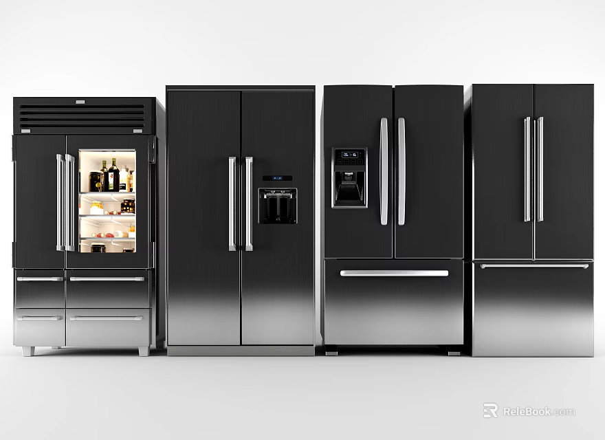 Modern Black Stainless Steel Refrigerators And Freezers With Various Door Designs 3d model 
