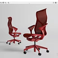 Two Red Modern Office Chairs With Mesh Backrest Armrests And Swivel Wheels