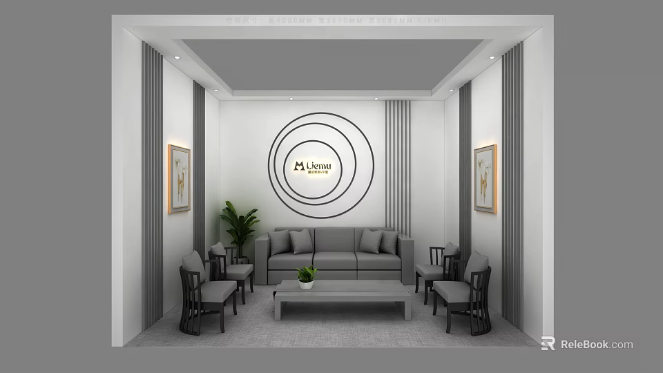 Modern Lounge Area Interior With Gray Sofa Coffee Table And Decorative Paintings 3d model 