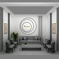 Modern Lounge Area Interior With Gray Sofa Coffee Table And Decorative Paintings 3d model