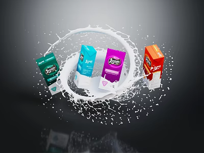 Colorful Milk Cartons With Splashing Milk Effect And Multiple Colors On Dark Background 3d model