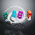 Colorful Milk Cartons With Splashing Milk Effect And Multiple Colors On Dark Background