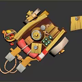 3D Wooden Boat Model With Lifebuoy Rope Bird Green Barrel And Wooden Bucket
