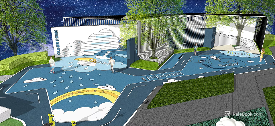 Colorful Children's Playground Design With Clouds Rainbow Trees And Blue Ground 3d model 