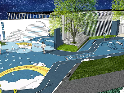 Colorful Children's Playground Design With Clouds Rainbow Trees And Blue Ground 3d model