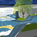 Colorful Children's Playground Design With Clouds Rainbow Trees And Blue Ground