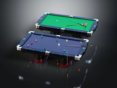 Billiard Tables With Green And Blue Tabletops Billiard Balls And Cues 3d model