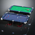 Billiard Tables With Green And Blue Tabletops Billiard Balls And Cues