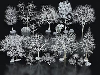 Various Arbor Tree Types With Different Branch Structures And Decorative Stone Bases 3d model