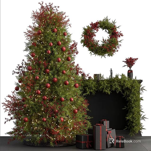 Christmas Tree Decorated With Red Balls Lights And Red Wreath Green Decorative Plants Gift Boxes 3d model 