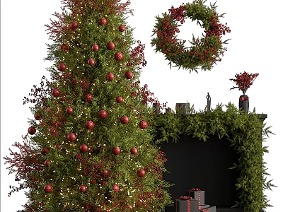 Christmas Tree Decorated With Red Balls Lights And Red Wreath Green Decorative Plants Gift Boxes 3d model