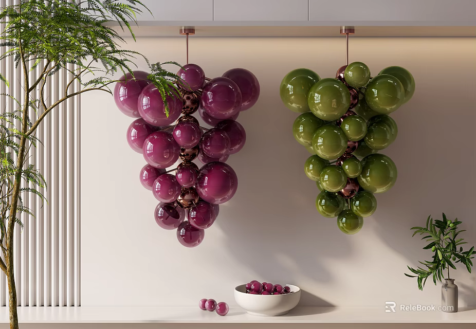 Unique Grape Shaped Pendant Lights Purple Green Design In Modern Interior With Plants 3d model 