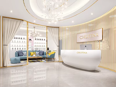 Elegant White Reception Desk at OHUTINA With Chandelier Sofa Area and Display Shelves 3d model