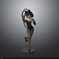 3D Anime Character Model With Cat Ears Tail And Black Bodysuit Standing On Round Base