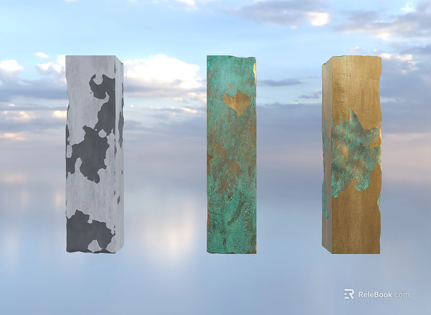 Art Installation Featuring Three Columns Gray Green Gold Patched Textures Against Blue Sky Sunset 3d model 