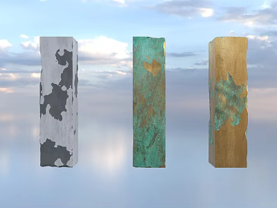 Art Installation Featuring Three Columns Gray Green Gold Patched Textures Against Blue Sky Sunset 3d model